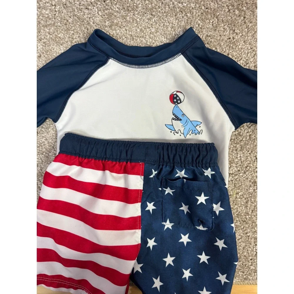 Old Navy Baby Boy Shark American Flag Rash Guard and Swim Trunks Set 6-12M